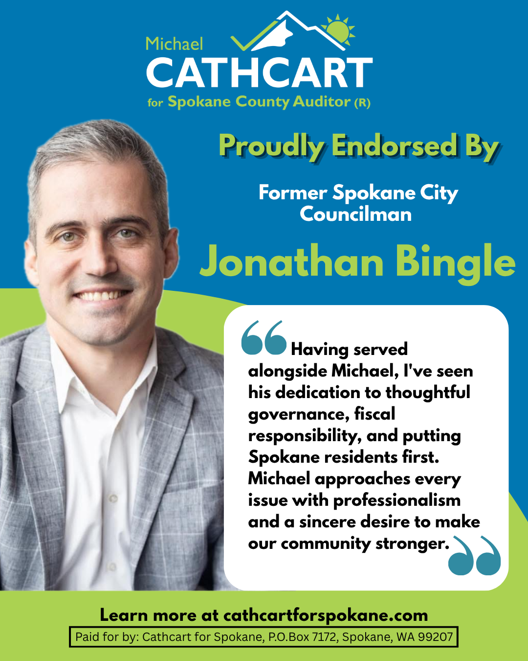 Jonathan Bingle endorsement of Michael Cathcart for Spokane County Auditor